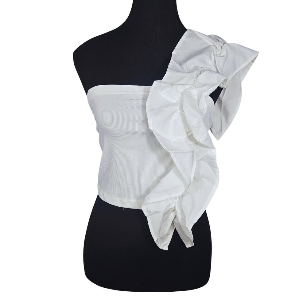 NWT | One-Shoulder Ruffle Top | Asymmetric Ribbed Sculpting | White | Large - Picture 2 of 7